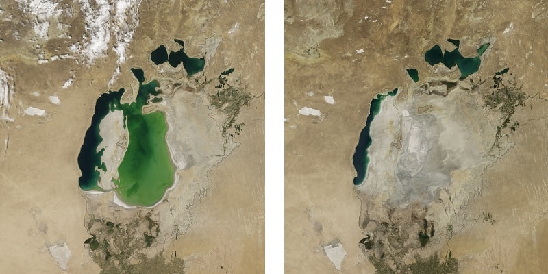 Satellietfoto's van NASA laten zien hoe snel het Aralmeer aan het opdrogen is Satellietfoto's van NASA laten zien hoe snel het Aralmeer aan het opdrogen is